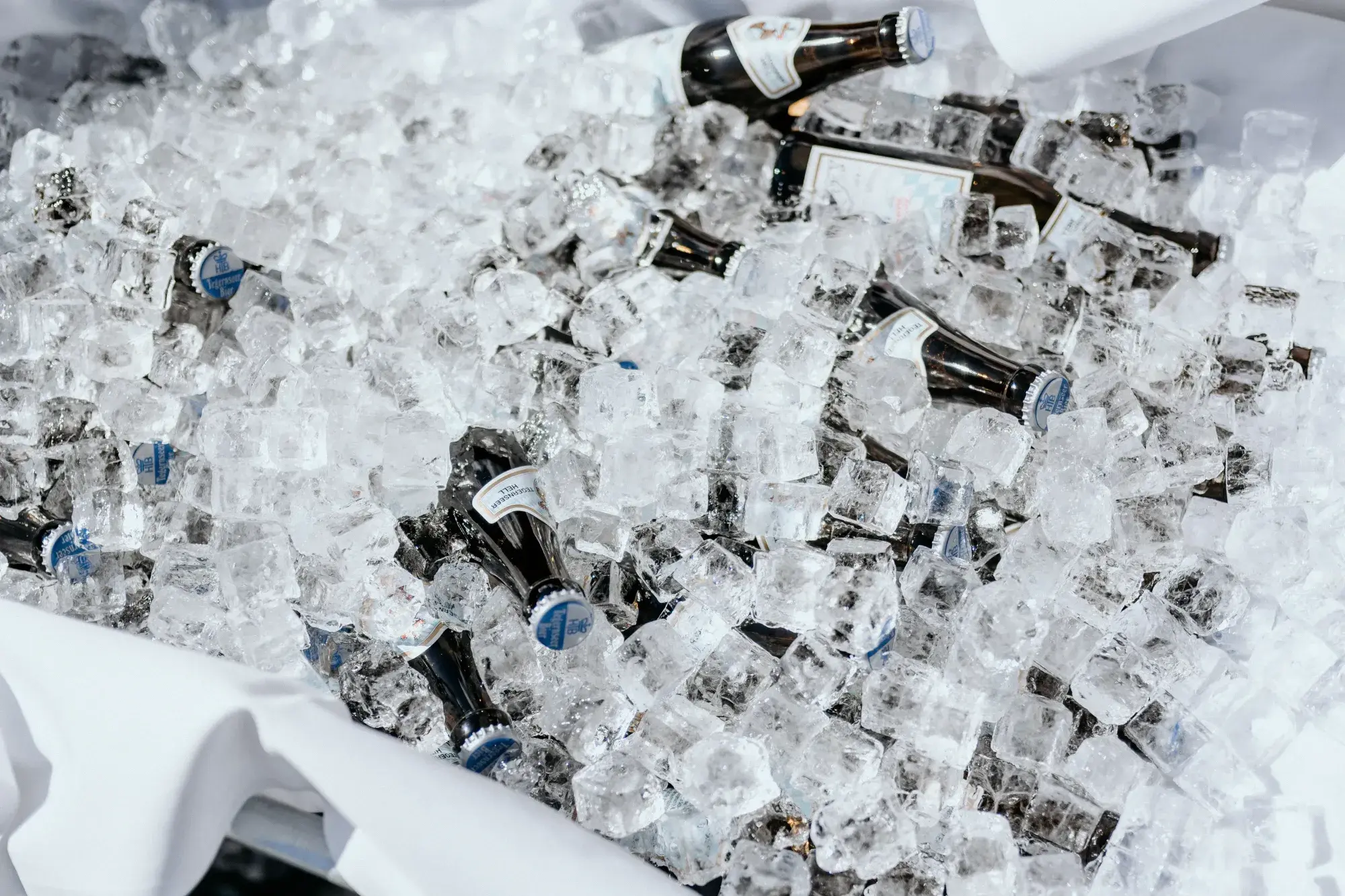 Zum Kühlen in Eiswürfeln liegende Sektflaschen bei einer Feier auf der Stöttlalm in Mieming